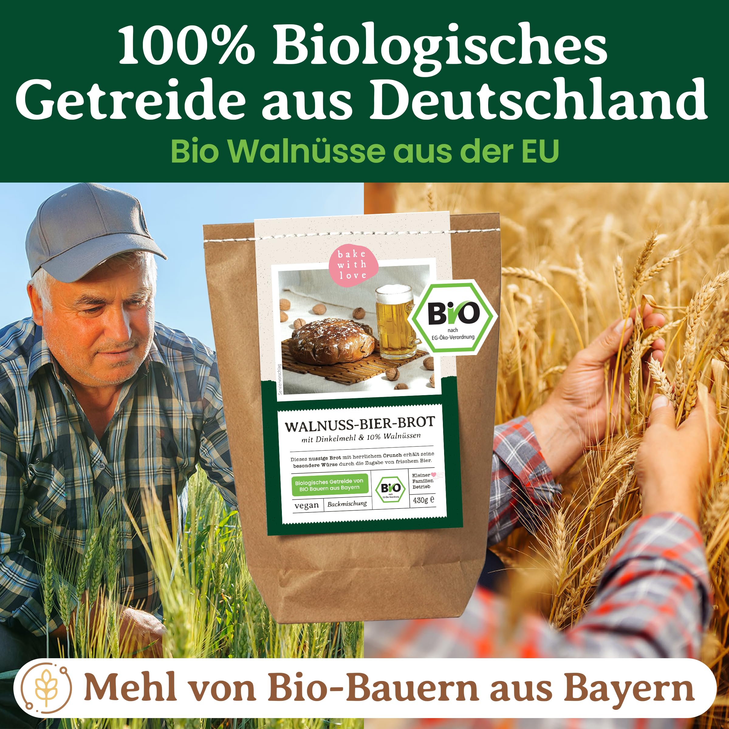 Bio Walnuss-Bier-Brot Backmischung - Brotbackmischung Geschenk für Bierliebhaber und Männer - Brotbackautomat geeignet - Bake with Love - (10er Pack)