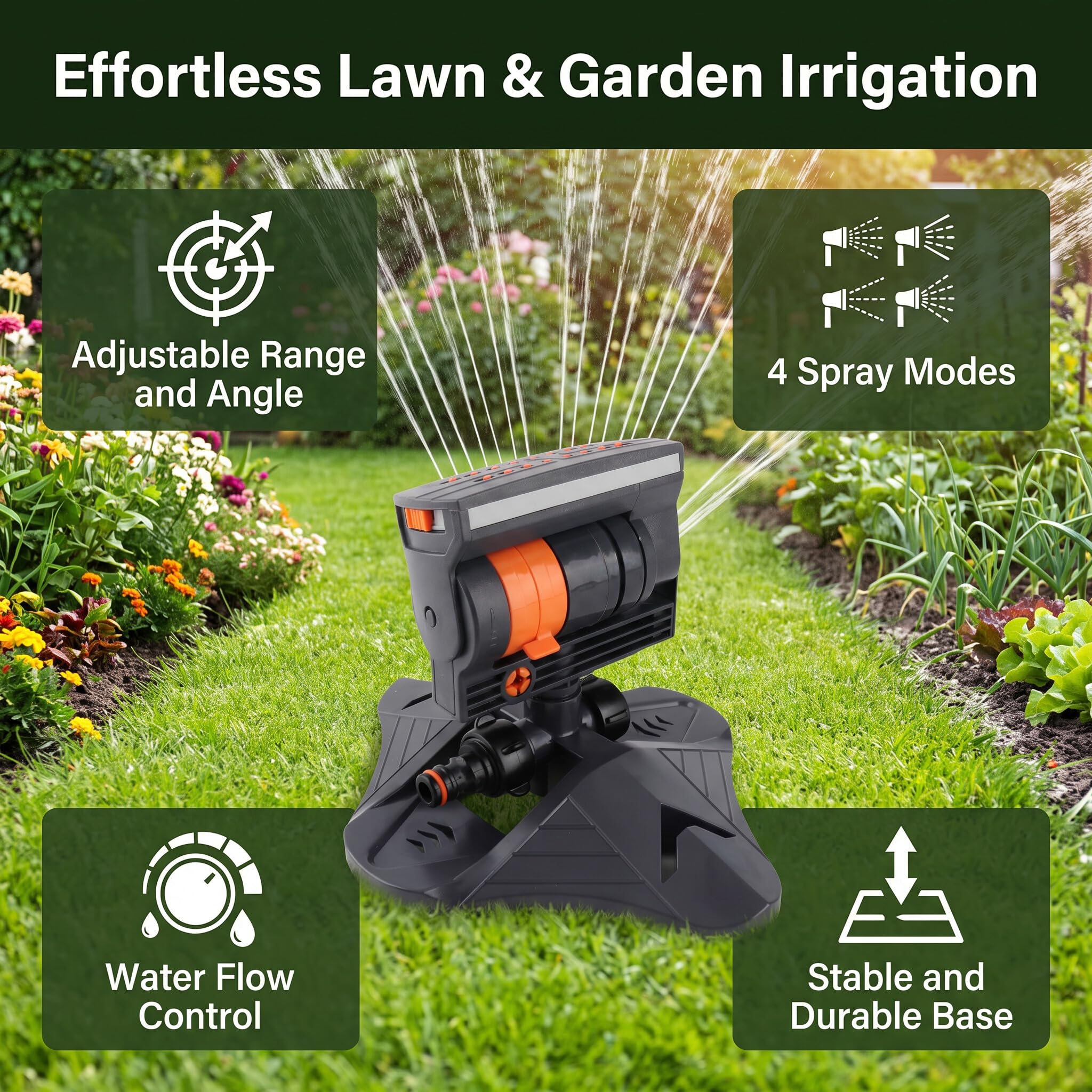 Yosoo Health Gear Irrigatore Automatico Oscillante per Prato con 16 Fori, 4 modalità di Spruzzo Regolabili, di Irrigazione Flessibile per giardino.