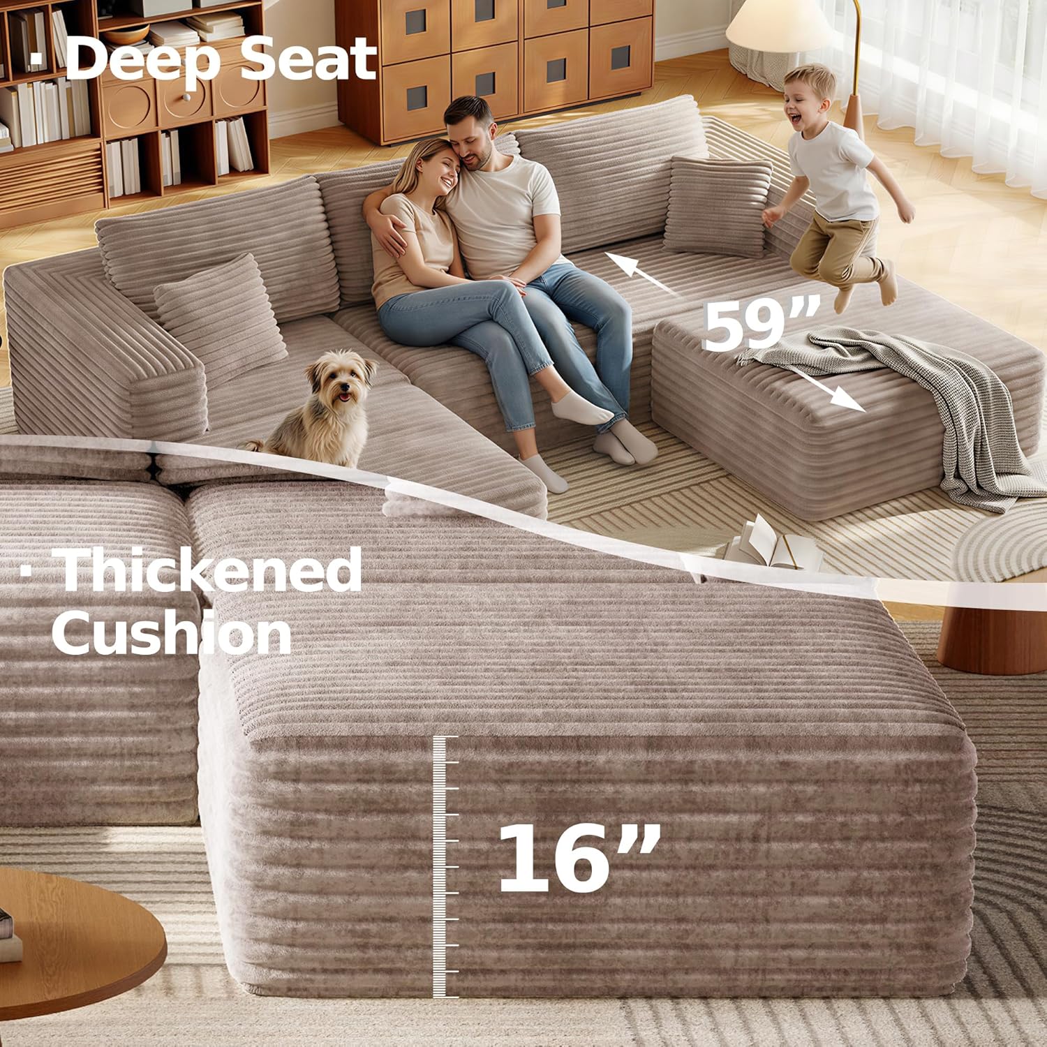108.2" Modular Sectional Sofa with Deep Seat, Boneless U Shaped Corduroy Couch Modern Comfort, Cloud Couch Oversized for Living Room No Assembly (Camel) | Sectional,Boneless