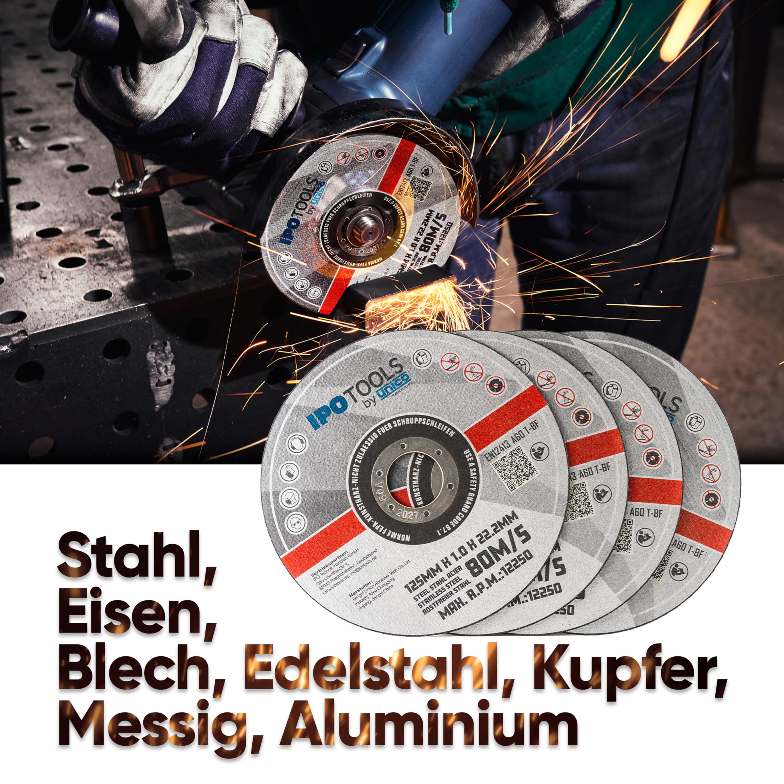 50 x IPOTOOLS Trennscheibe 125 Metall – Schleifscheibe 125 Metall aus Edelstahl, Schleifscheibe 125 mm x 1,0 mm, für Metall, Stahl und Edelstahl, Metall, Edelstahl, Eisen