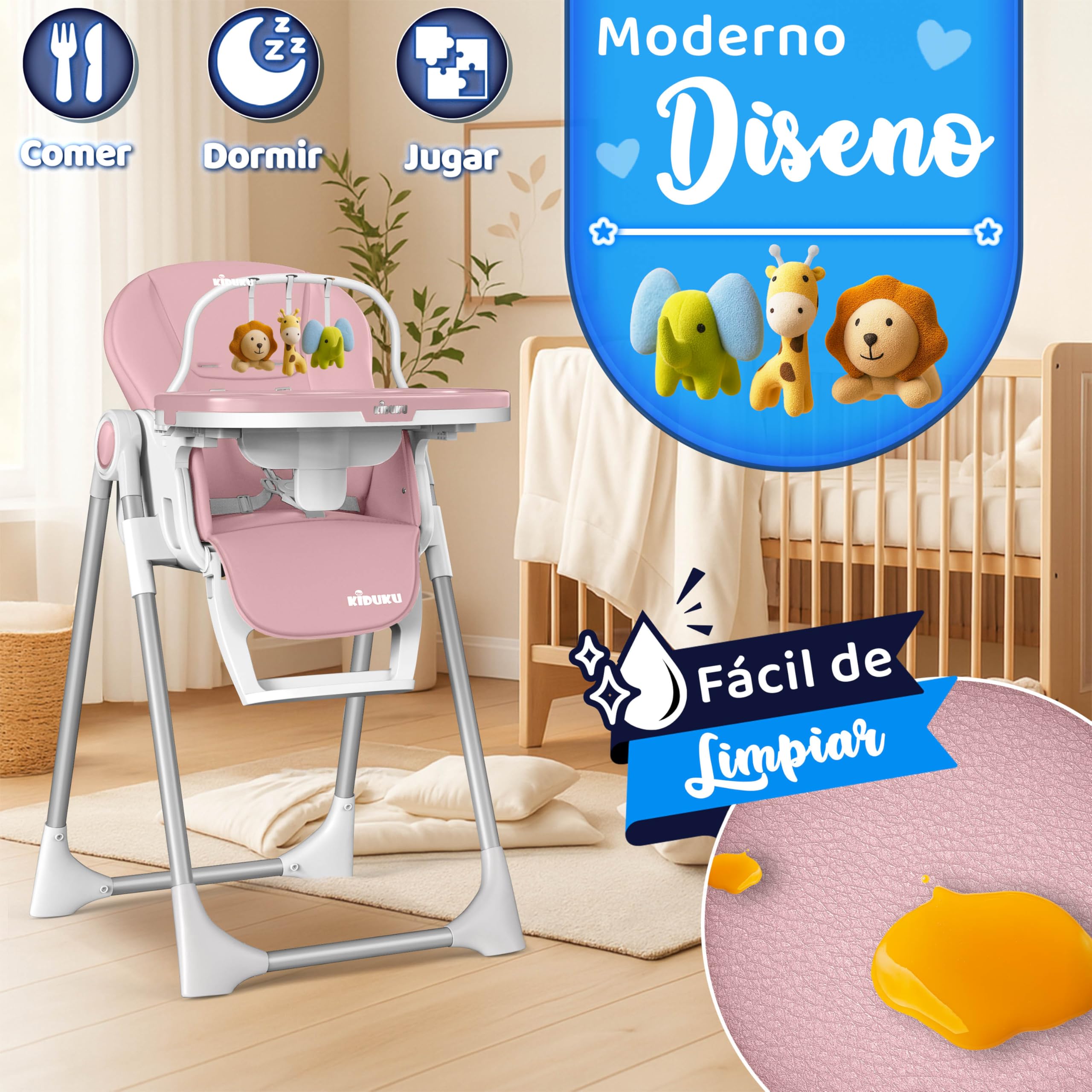 KIDUKU® Trona Bebé 3 en 1 Reclinable para Recién Nacido | Trona Infantil Plegable con Arco de Juego | Silla Evolutiva Altura Ajustable 7 Niveles | Crece con el Bebé 0-36 Meses (Rosa)