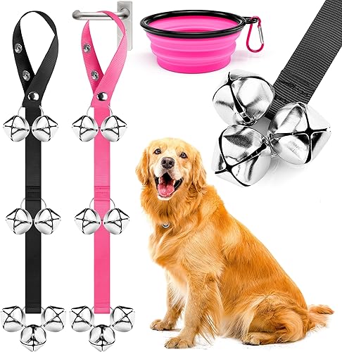 Miniatura 1 de Juego de 2 timbres para perros + 1 tazón, 7 campanas de entrenamiento extra grandes con cuerdas ajustables para entrenamiento de orinal de