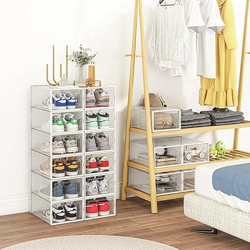 Miniatura 7 de Paquete de 12 cubos de almacenamiento organizadores de zapatos, cajas de zapatos apilables de plástico transparente para armario, contenedores de