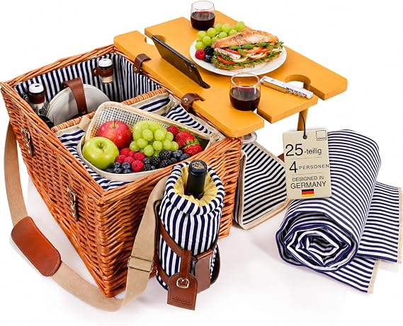 SINGER Borkum Picnic Basket 25-Piece Set for 4 People Large Picnic Basket with Integrated Table Cool Bag Picnic Blanket & Tableware Complete Set