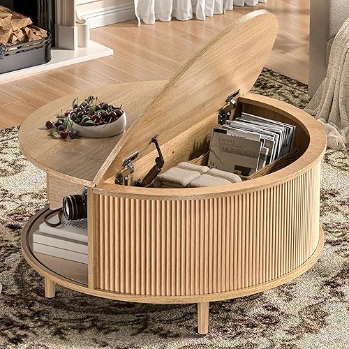 Mesa auxiliar redonda, mesa central acanalada de 31.5 pulgadas con almacenamiento, mesa de centro elevable con almohadillas ajustables, puerta