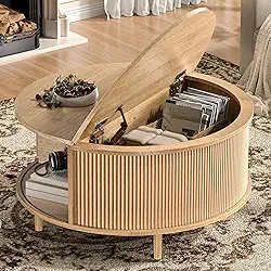 Mesa de centro redonda, mesa central canelada de 80 cm com armazenamento, mesa de centro elevatória com almofadas ajustáveis, porta deslizante, mesa central moderna de meados do século para sala de