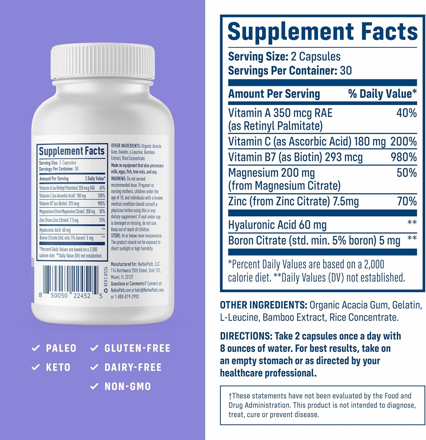 NativePath Collagen Care+, 5 Vitamin Blend with Hyaluronic Acid and Boron That Supports Collagen for Men and Women, 60 Capsules - Image 2