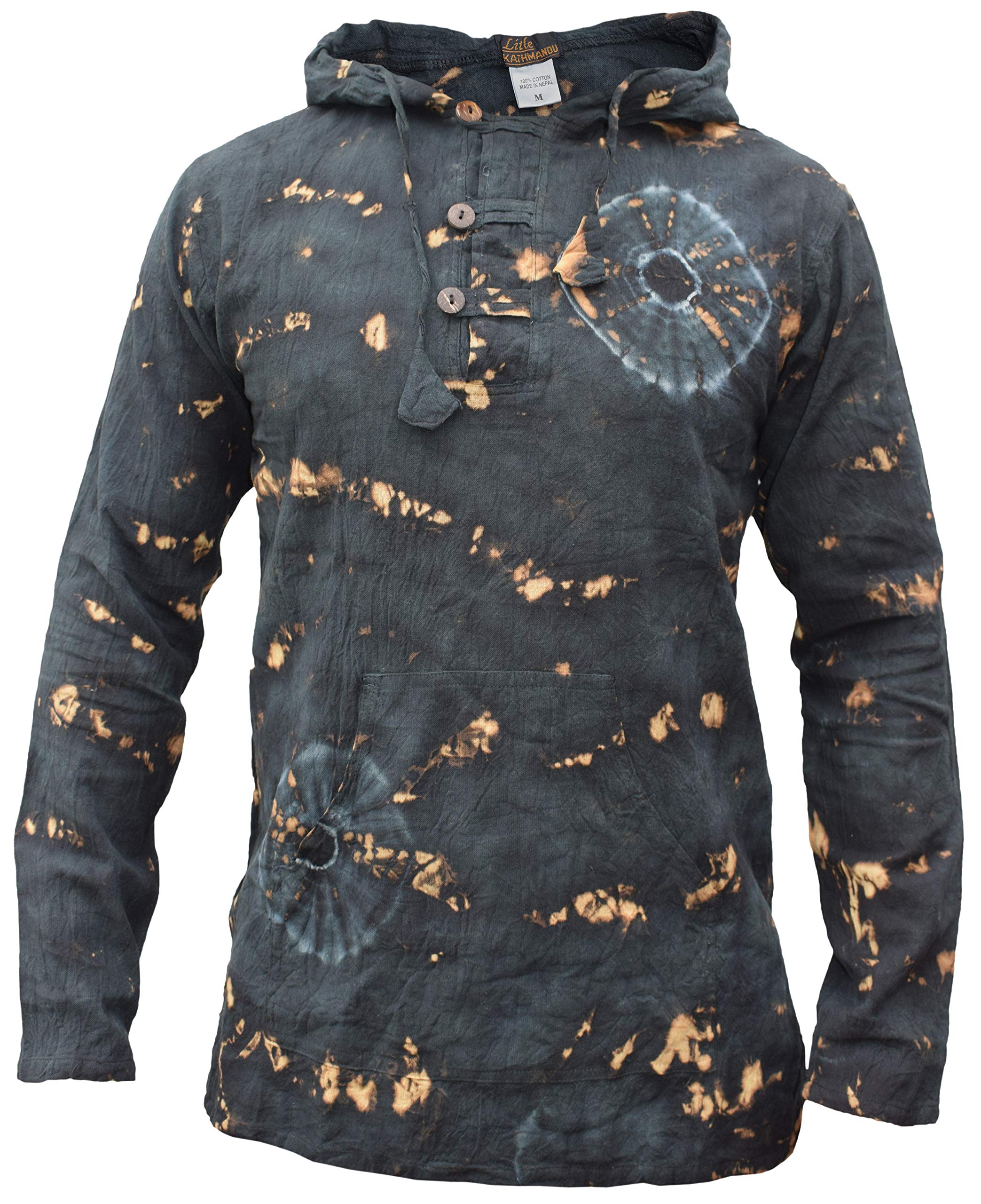 Gheri Men's Black Gold Tiedye Tie Dye Cotton Light Summer Hippie Psychedelic Bohemian Grandad Hoodie Black Gold XX-Large