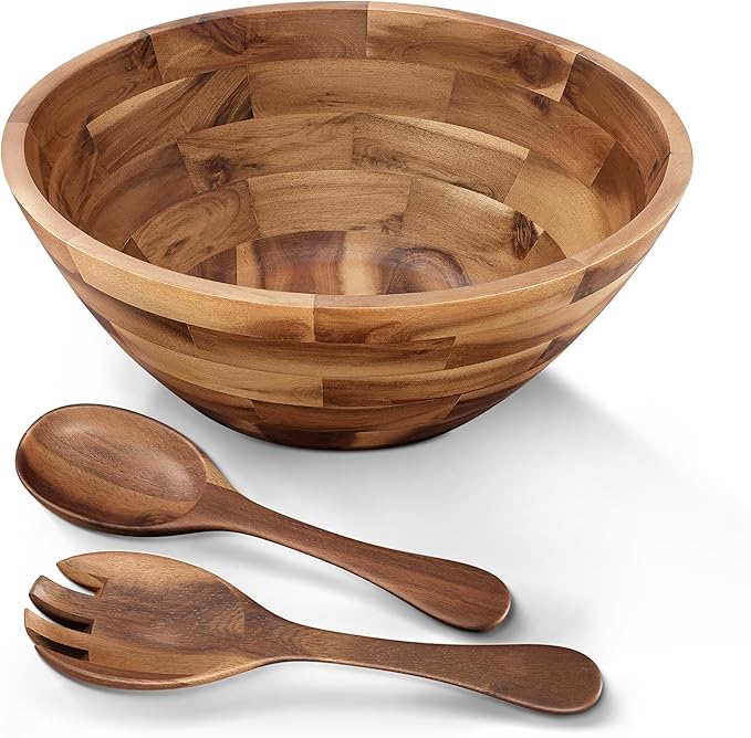 12.2" Large Salad Bowl with Serving Utensils, Acacia Wooden Salad Serving Bowl Set with 2 Wood Hands, Wooden Bowls Decorative, Large Serving Bowls for Fruits, Salad and Pasta (Acacia color)