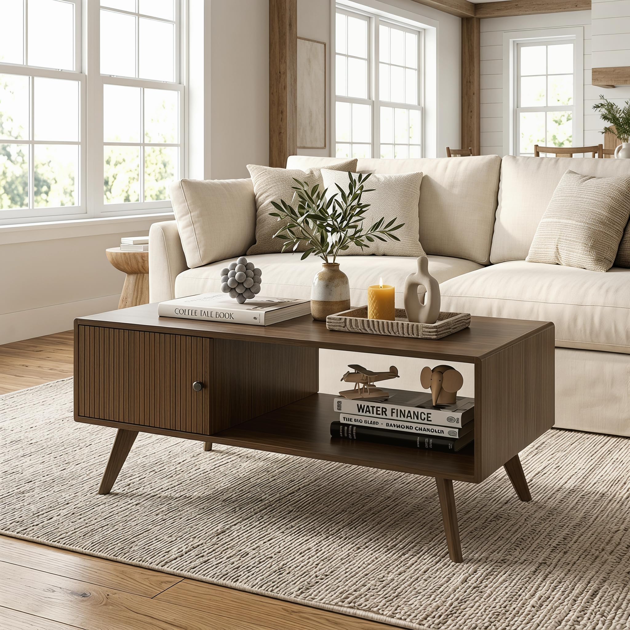 Manora Walnut Coffee Table Rectangular Storage with Wood Legs