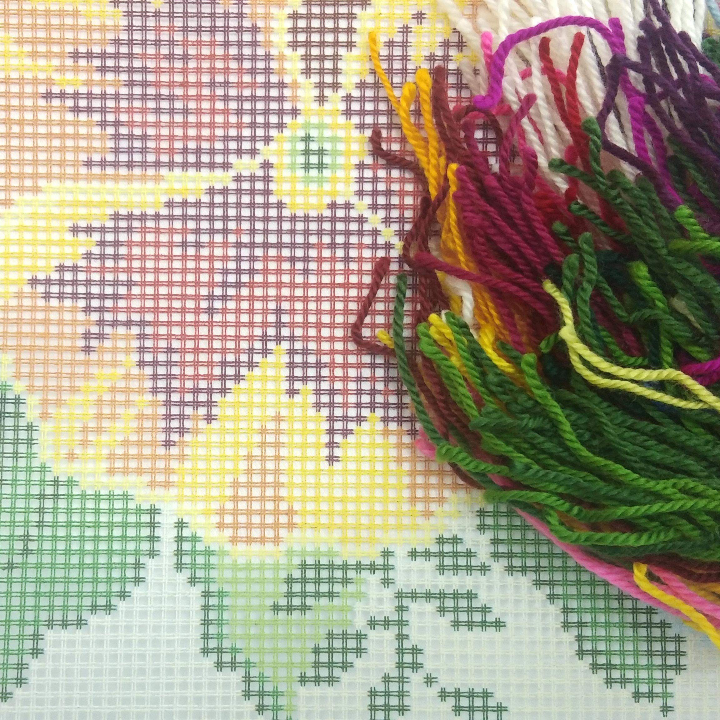 Floral Embroidery Kit for Adults and Beginners — Pansies 16??×?16? with Clear, Precise Printed Design on Cotton Canvas; Includes 2 Needles, Yarn, and Easy-Read Chart