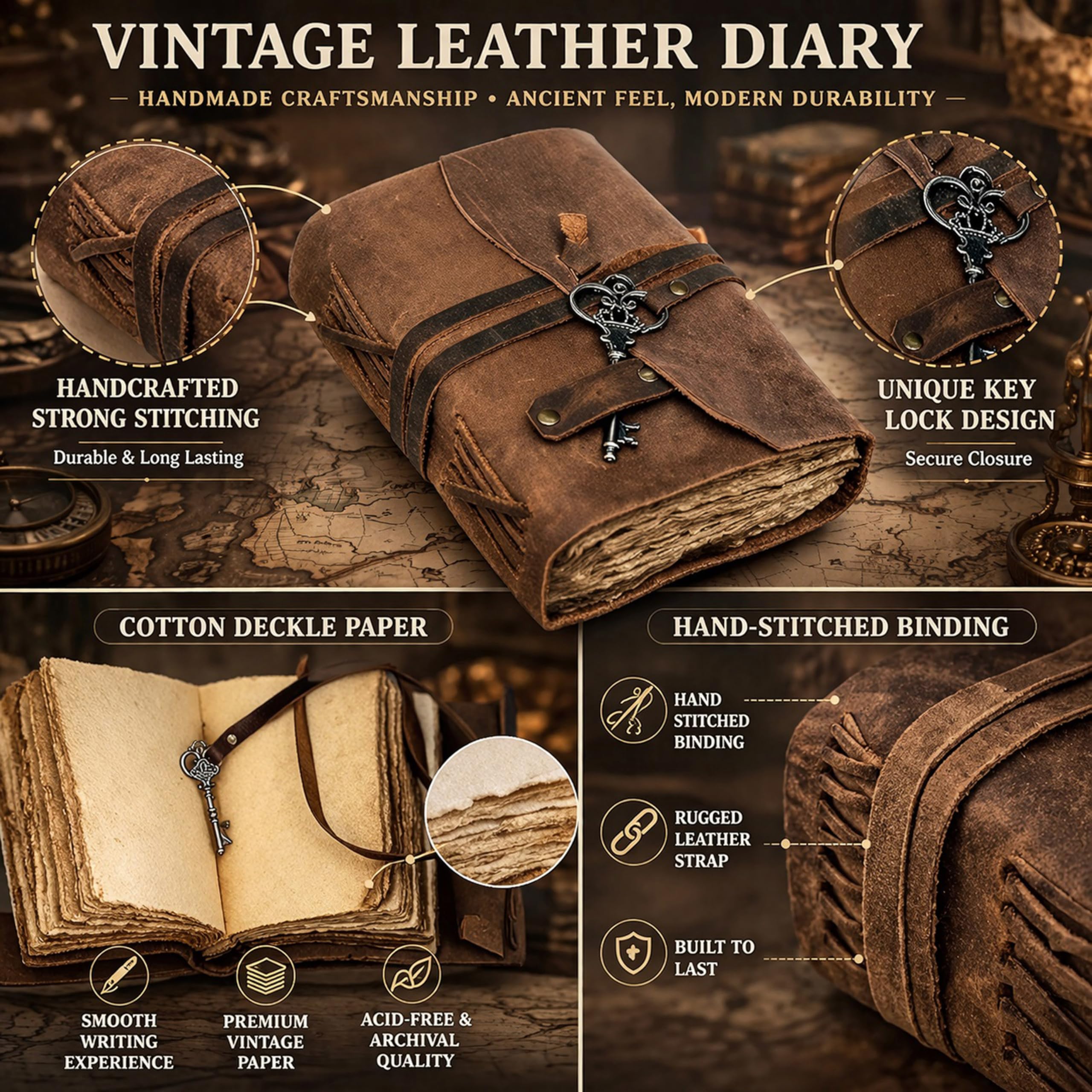 cuero Vintage Leather Journal - Antique Handmade Leather Bound journal with deckle edge paper for Men And Women Diary - Leather Sketchbook - Drawing Journal Notebook - Great Gift (5 by 7 inch)