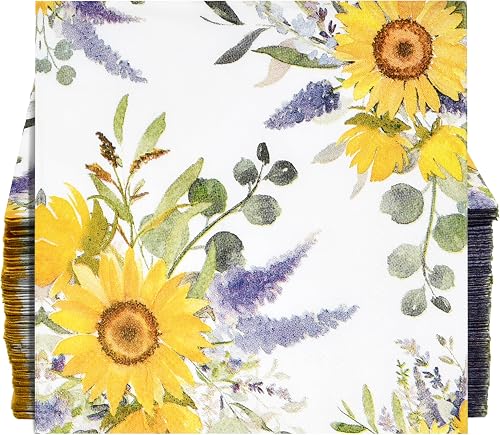 100 Pcs Sunflower Bunch Floral Cocktail Beverage Napkins Flowers Disposable Paper Dessert Napkin for Spring Summer Birthday Party Supplies Decor