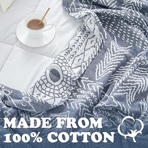 Miniatura 3 de jinchan Manta azul 100 % algodón para sofá, tamaño Queen, acogedora manta grande, decoración de cama, manta de primavera de 3 capas, manta bohemia