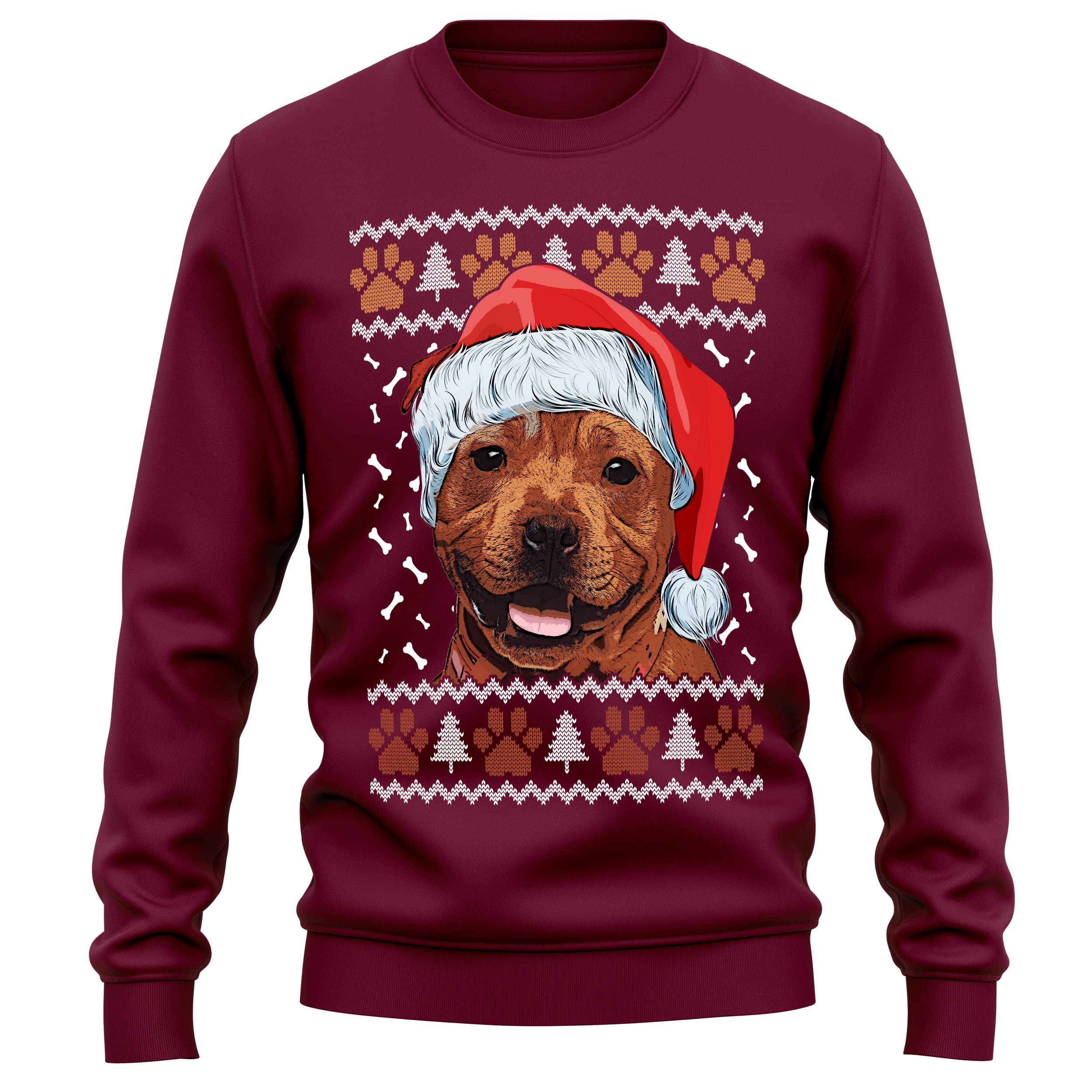 Purple Print House Staffordshire Bull Terrier Christmas Sweatshirt Adult Xmas Jumper For Staffy Dog Owner Gifts Autumn Winter Puppy Walks Sweater For Him and Her, XL, Maroon