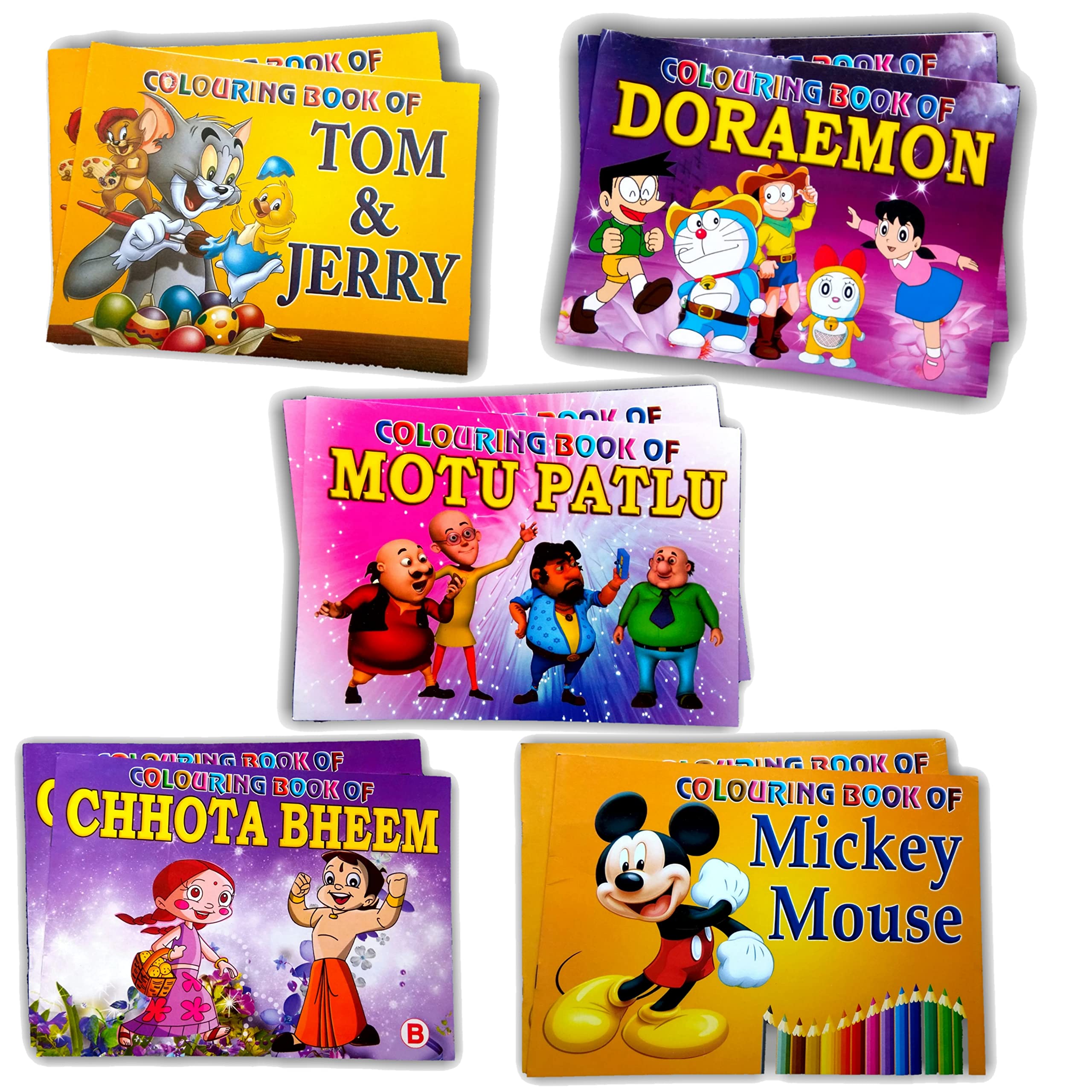 Copy Colouring Book Combo of 5 [ Mickey Mouse , Doremon , Chhota Bheem , Motu Patlu , Tom & Jerry ] For KIds & Childrens