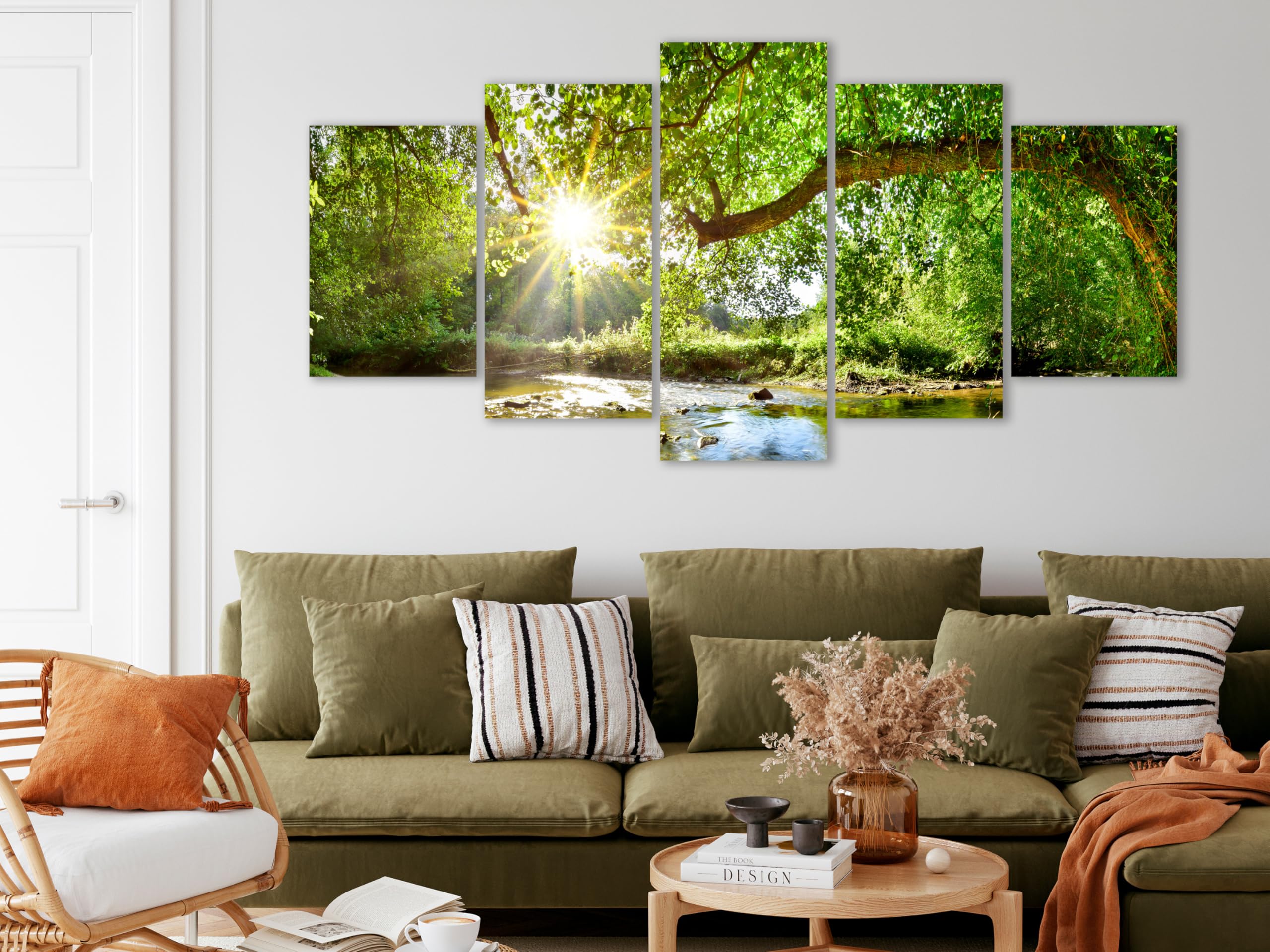 B&D XXL - Quadro Fonoassorbente Albero Nei Raggi Del Sole 100x50 cm 5 Pezzi - Canvas - Quadri Acustici Componibili XXL Grandi - Pannelli Fonoassorbenti Decorativi per Soggiorno b-B-10226-b-a