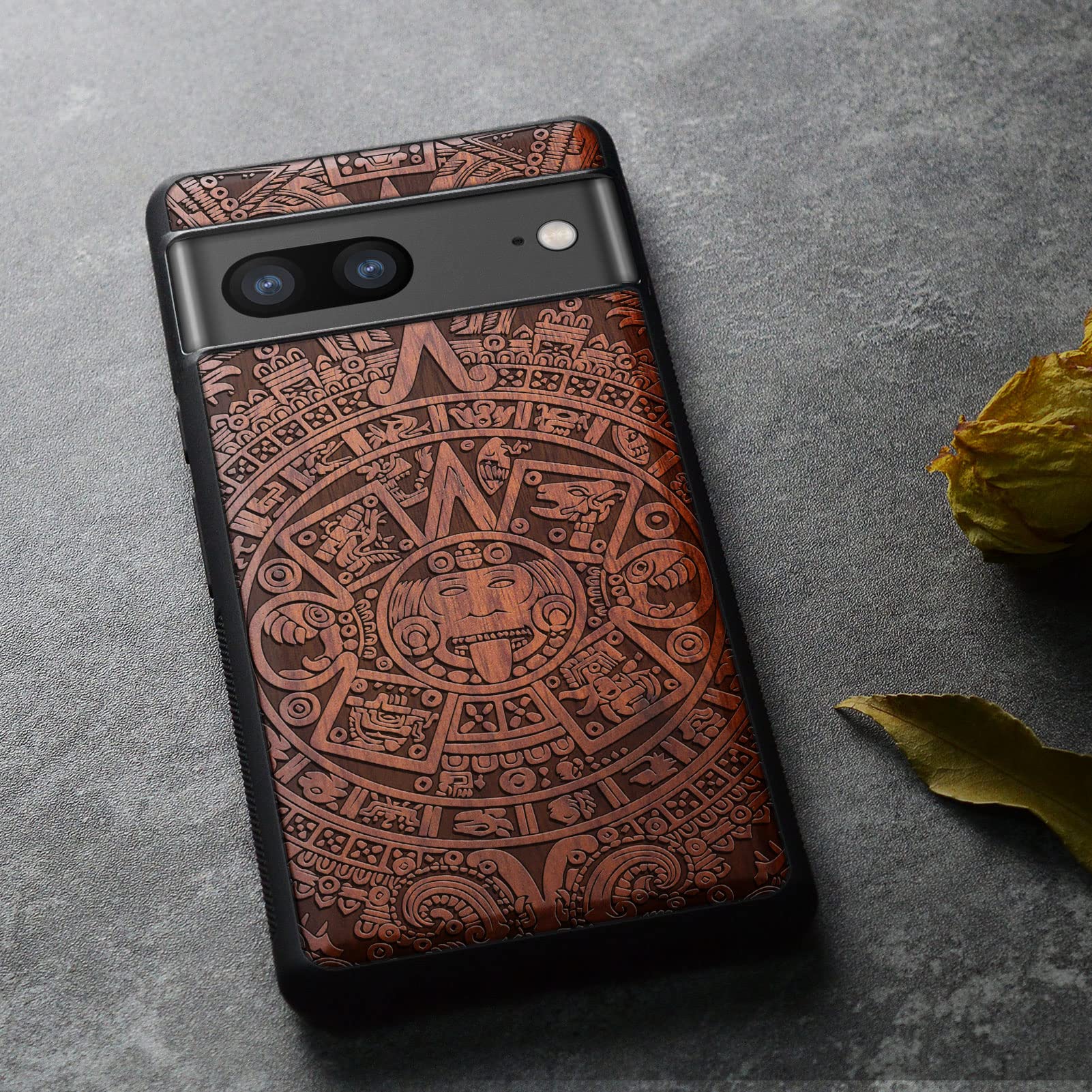 Carveit Cover In Legno Naturale Per Google Pixel 8 Pro: Custodia Ultra Sottile Con Incisione Calendario Azteco, TPU Morbido, Protezione Antiurto E Supporto Ricarica Wireless
