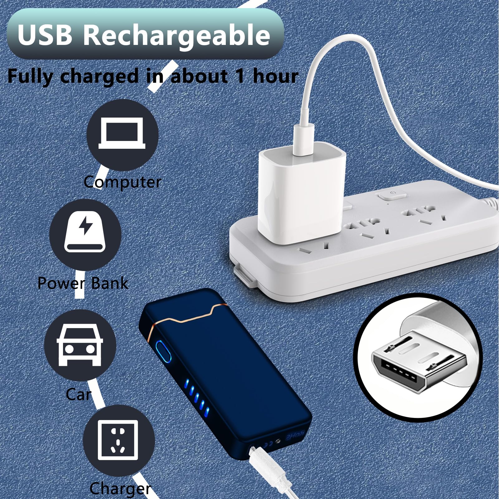 Briquet électrique plasma USB-C rechargeable avec boîtier en métal et indicateur de niveau de charge pour feux d'artifice, camping, bougies, barbecue, extérieur, bleu