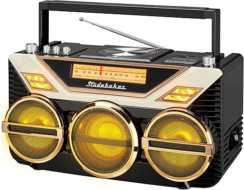 Retro Studebaker Avanti Stereo Boombox con CD, radio estéreo FM, recepción y transmisión Bluetooth, espectáculo de luz LED y subwoofer de 15 W para