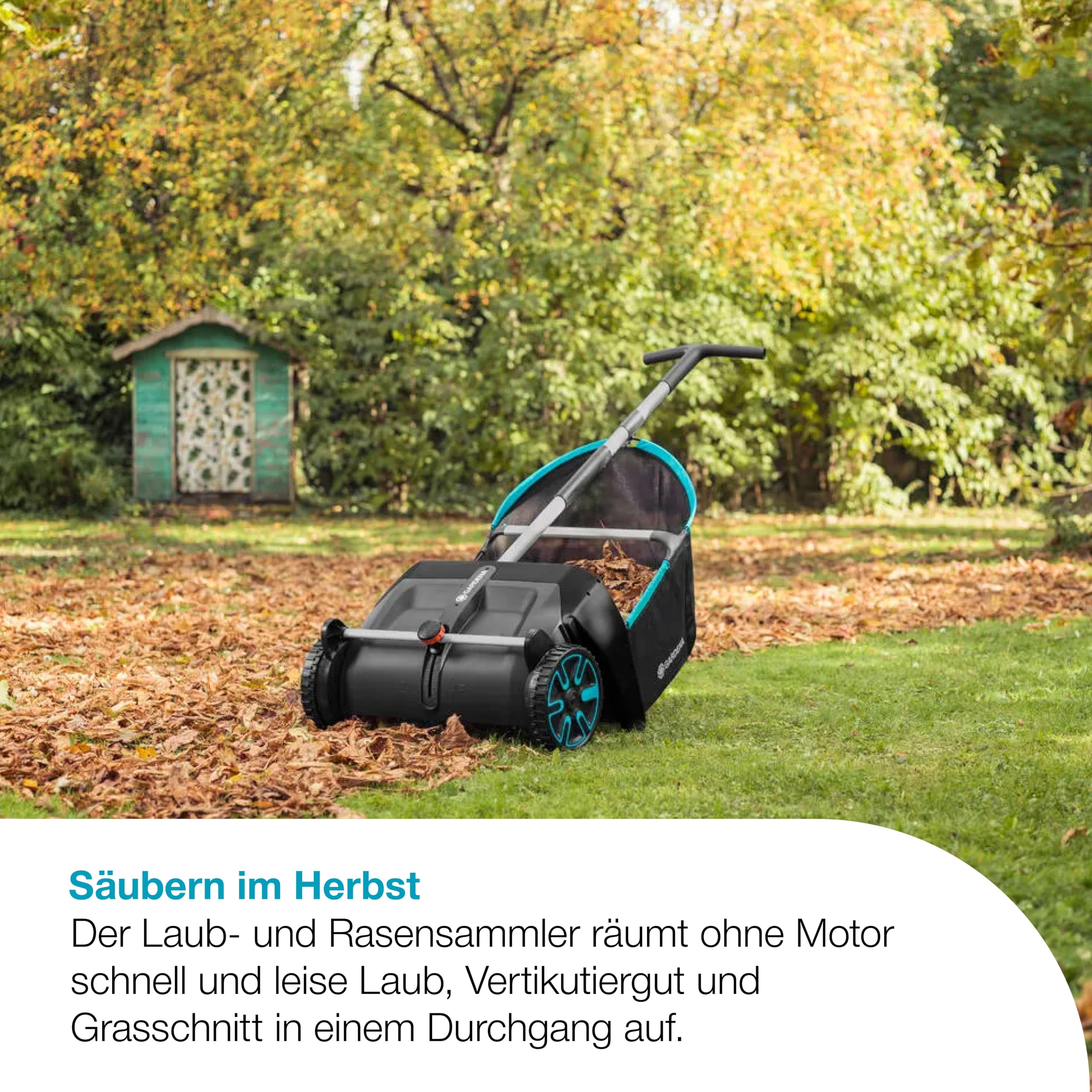Gardena Laub- und Rasensammler: Kehrmaschine für den Garten, mit entnehmbarem Fangsack, rotierendes Bürstensystem, ergonomischer Griff, geräuscharm (3565-88)