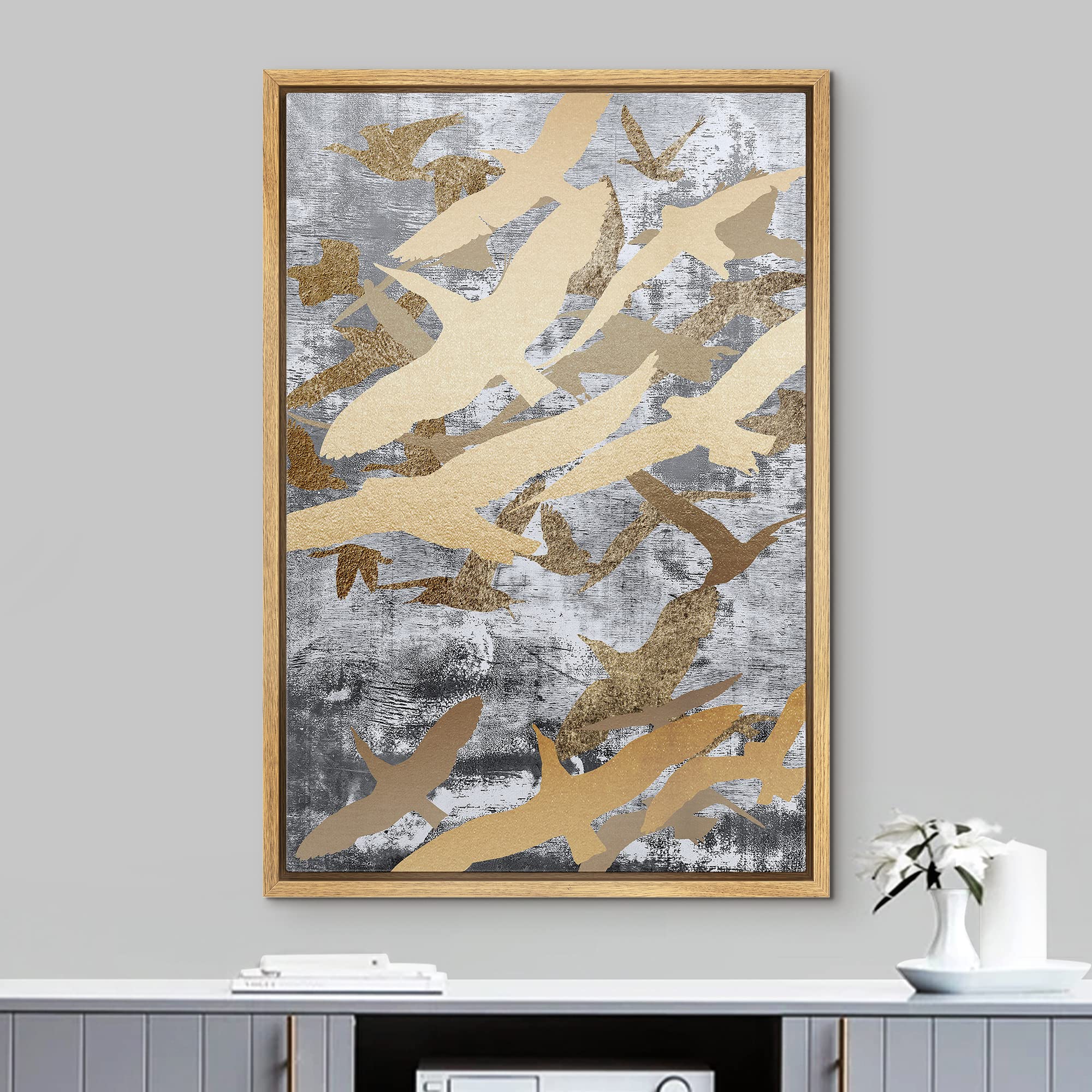 NWT Framed Canvas Print Wall Art Watercolor Crane Birds Flying Nature Wilderness Illustrations Modern Art Decorative Landscape Rustic Colorful for Living Room, Bedroom, Office - 24"x36" Natural: 24L" x 16W" A005-2206-win39