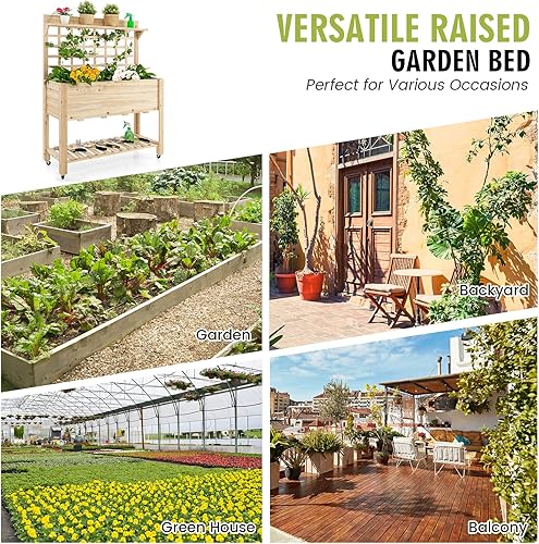 Miniatura 9 de S AFSTAR Cama de jardín elevada con enrejado 415 x 16 x 54 pulgadas con ruedas forro de cama estantes de almacenamiento superiorinferior soporte de