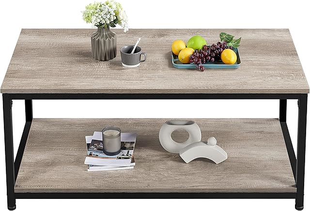 Yaheetech Coffee Table with Storage Shelf for Living Room Wood Vintage Accent Furniture Table, Large Grey Side Sofa Table