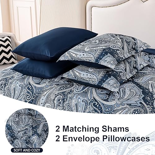Miniatura 7 de DJY Juego de edredón de cachemira azul marino, tamaño Queen, 7 piezas, ropa de cama en una bolsa, juego de edredón con patrón de cachemira bohemio,