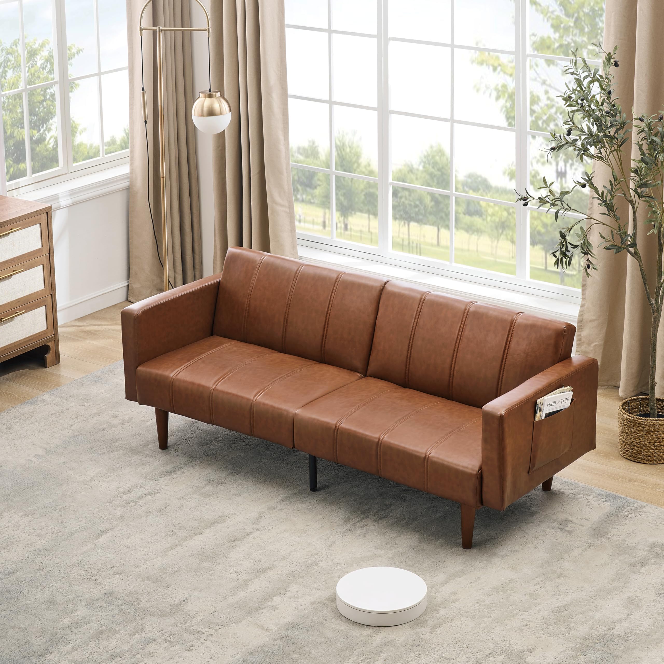 Garvee Modern Futon Sofa Bed, Convertible 75" Sleeper with Adjustable Backrest & Side Pockets, Mid-Century Brown PU Leather | Backrest & Side Pockets, Mid-Century Brown PU Leather