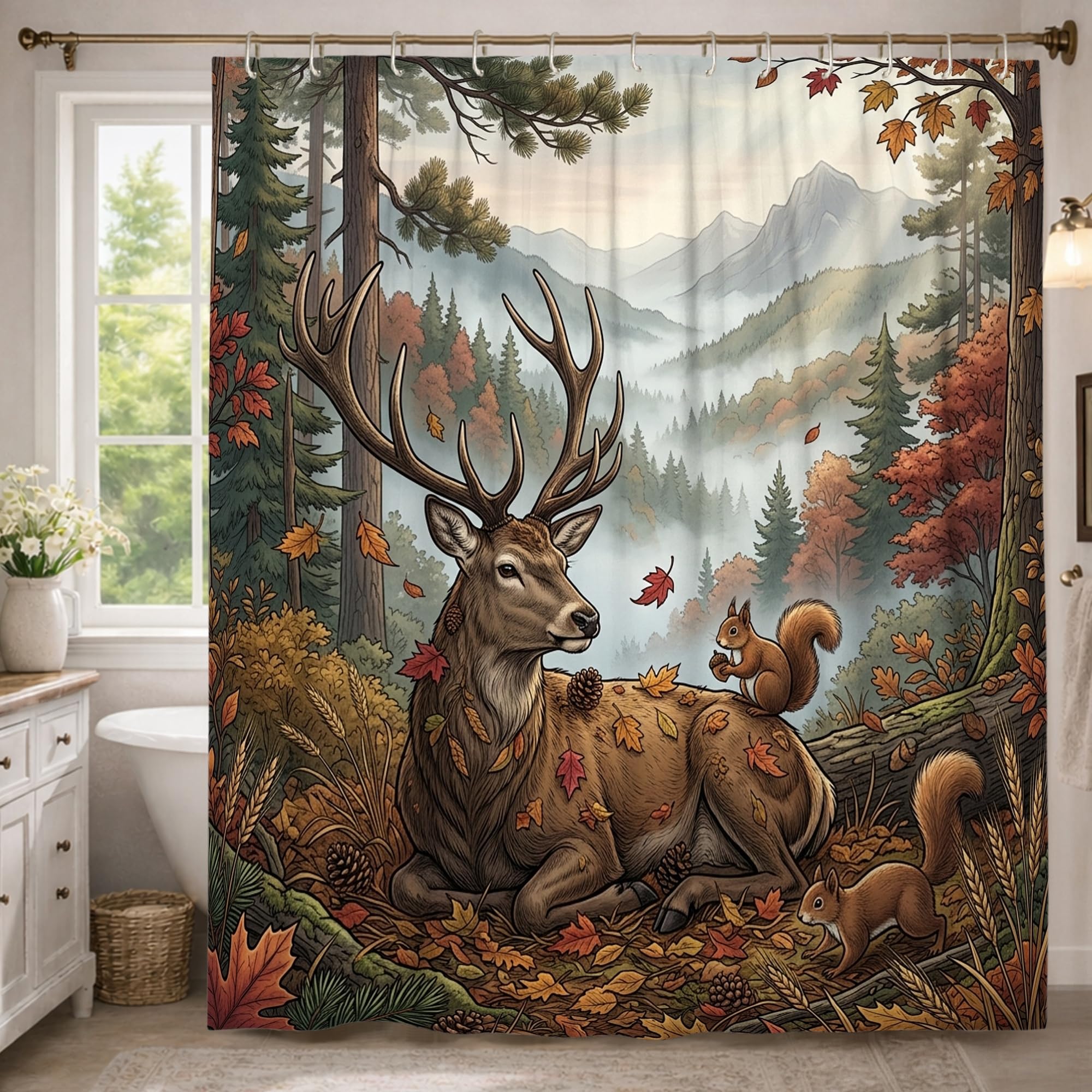 Rideau de douche extra long 183x243 cm en polyester marron étanche motif écureuil