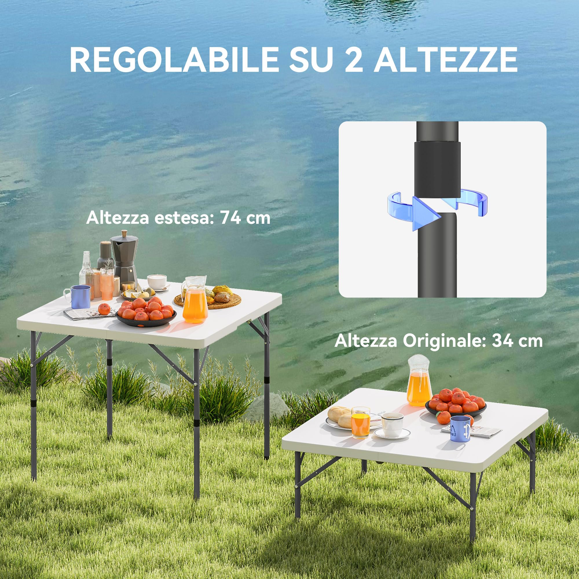 Outsunny Tavolo da Campeggio Pieghevole 86x86x74 cm Bianco HDPE e Metallo 2 Altezze Regolabili