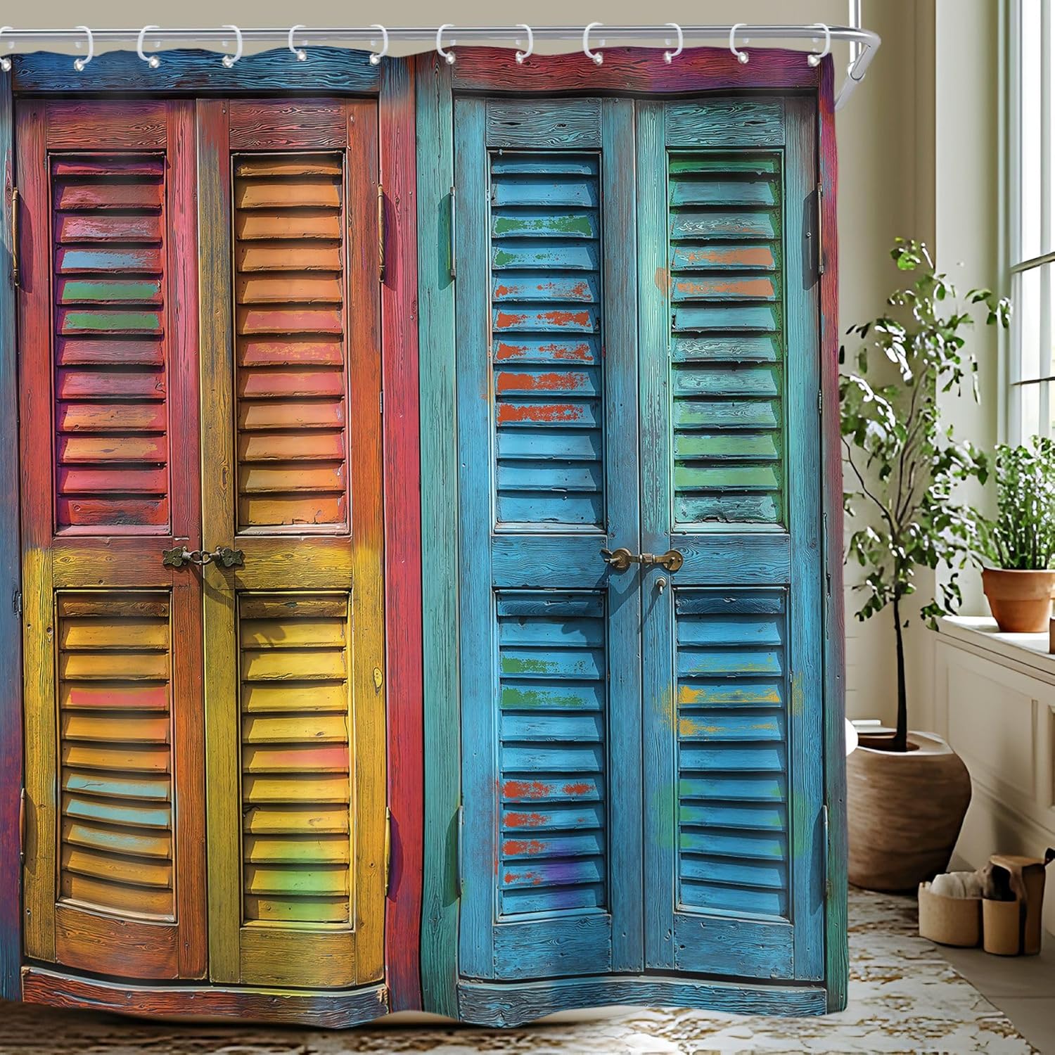 Riyidecor Rustic Barn Door Shower Curtain for Bathroom Decor 72Wx78H Vintage Colorful Farmhouse Wooden Wood Blinds Plank Countryside Art Printed Fabric Polyester Waterproof 12 Pack Plastic Hooks