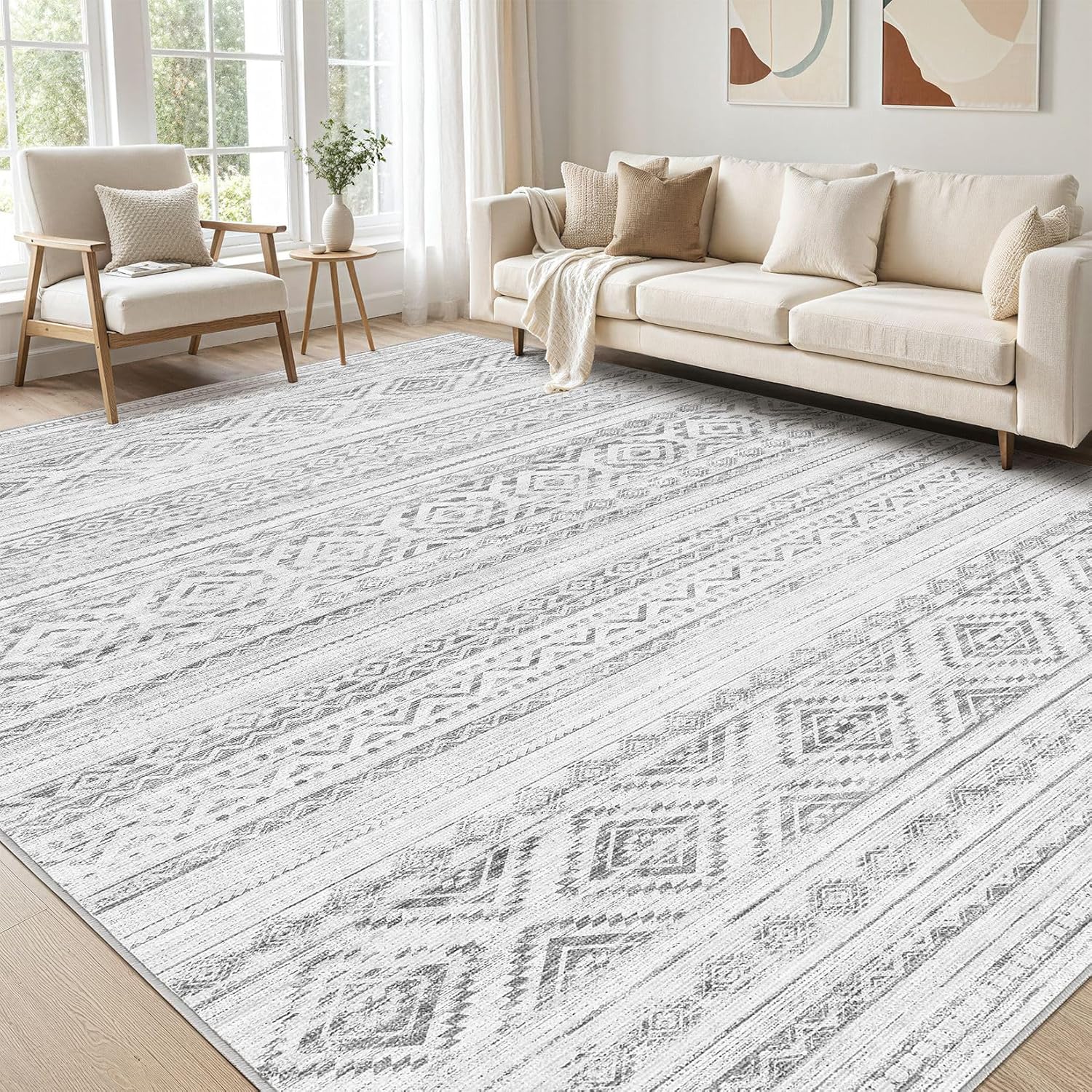 Large Living Room Area Rug 10x12: Soft Machine Washable Boho Moroccan Farmhouse Rugs for Bedroom Under Dining Table - Non-Slip Neutral Morden Indoor Floor Rug Carpet for Home Office Decor - Light Grey Light Grey 10' x 12' (Rectangular)