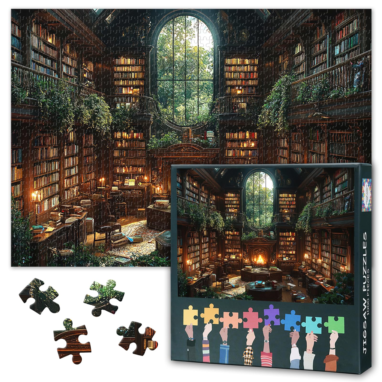 Adult Puzzle Set – 1000 Pieces Ideal for Coffee Table, Dining Room or Puzzle Table –Enchanted Library, Bookshelves, Fireplace, Natural Light- 50x70cm