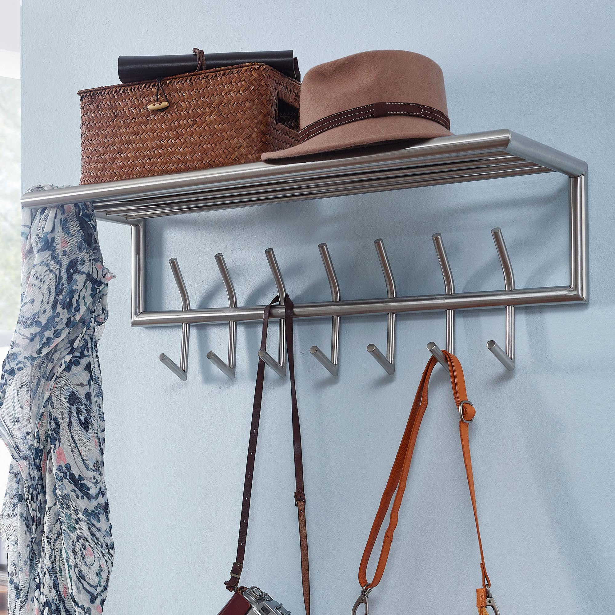 FineBuy Portemanteau Mural 70 cm Métal Argenté avec Étagère à Chapeaux | panneau vestiaire avec 5 massif crochets et penderie, barre vestiaire pour entrée et couloir, fait main