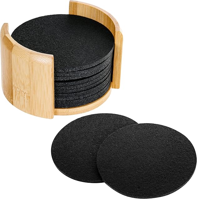 Mitavo Drink Coasters, Set of 12 Felt Coasters with Bamboo Holder, Coasters for Drinks, Glasses, Cups, Round, Black