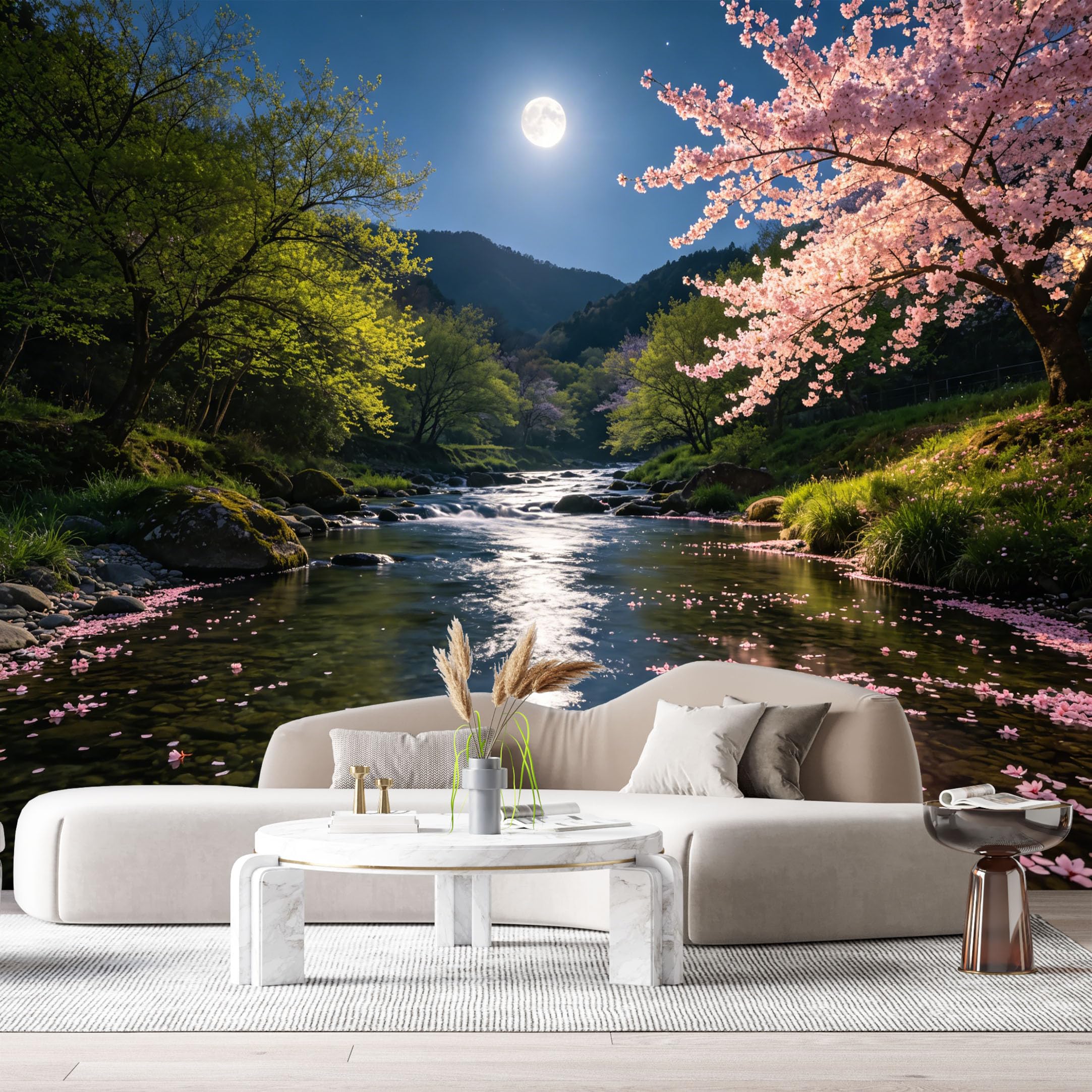 Custom Size Wall Murals Cherry Blossom River Landscape Moonlight Reflection Watercolor SelfAdhesive Wall Fabric Removable Large Wallpaper for Photo Living Room