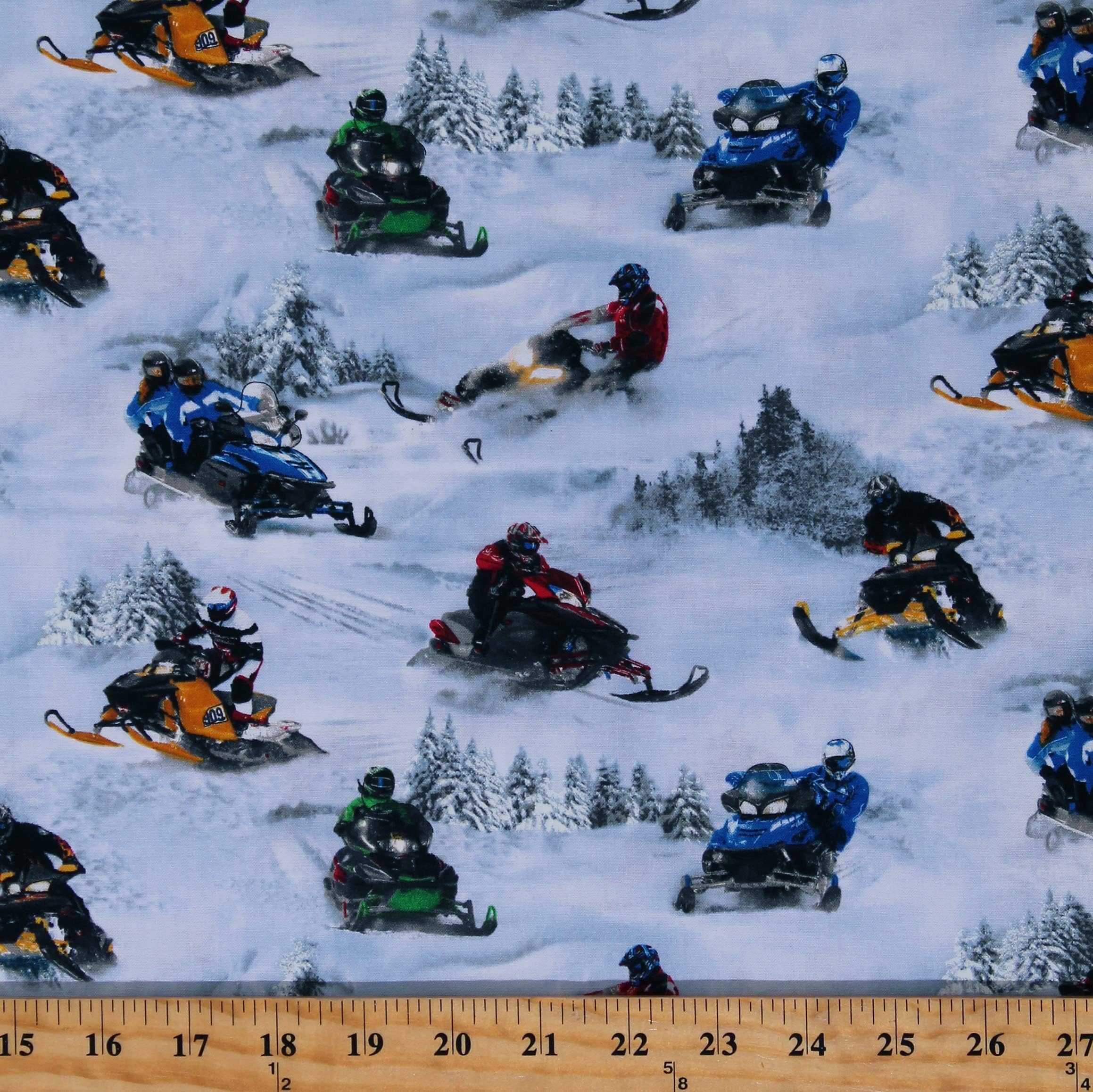 Cotton Snowmobiling Snowmobiles Winter Snow Sports Activities in Motion White Cotton Fabric Print by The Yard (D678.85) on White