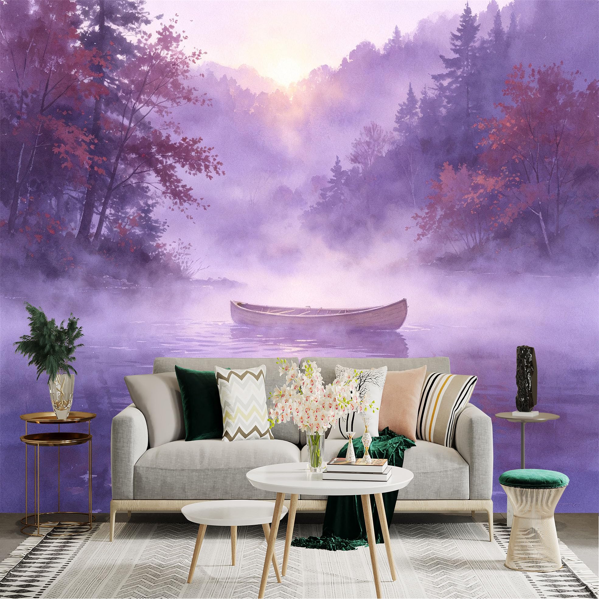 Custom Size Wall Sticker Mural， Misty Lake with Canoe， Purple Sunrise Forest Landscape， for wall Decoration， peelandstick wall Decals.