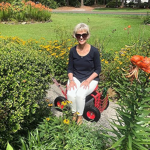 Miniatura 9 de Sunnydaze carro de jardín rodante con volante extensible taburete giratorio y canastilla Sólido Rojo