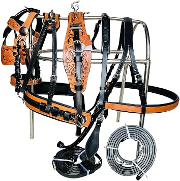 Designer Dual Tone Horse Driving Leather Harness for Single Horse cart with Stainless Steel Hardware Cob, Black