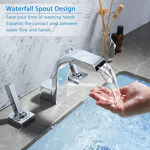 Miniatura 4 de SKOWLL Grifo de baño de 3 agujeros y 4 pulgadas, grifo de tocador de baño, montaje en cubierta, lavabo generalizado de 2 manijas, grifo moderno para