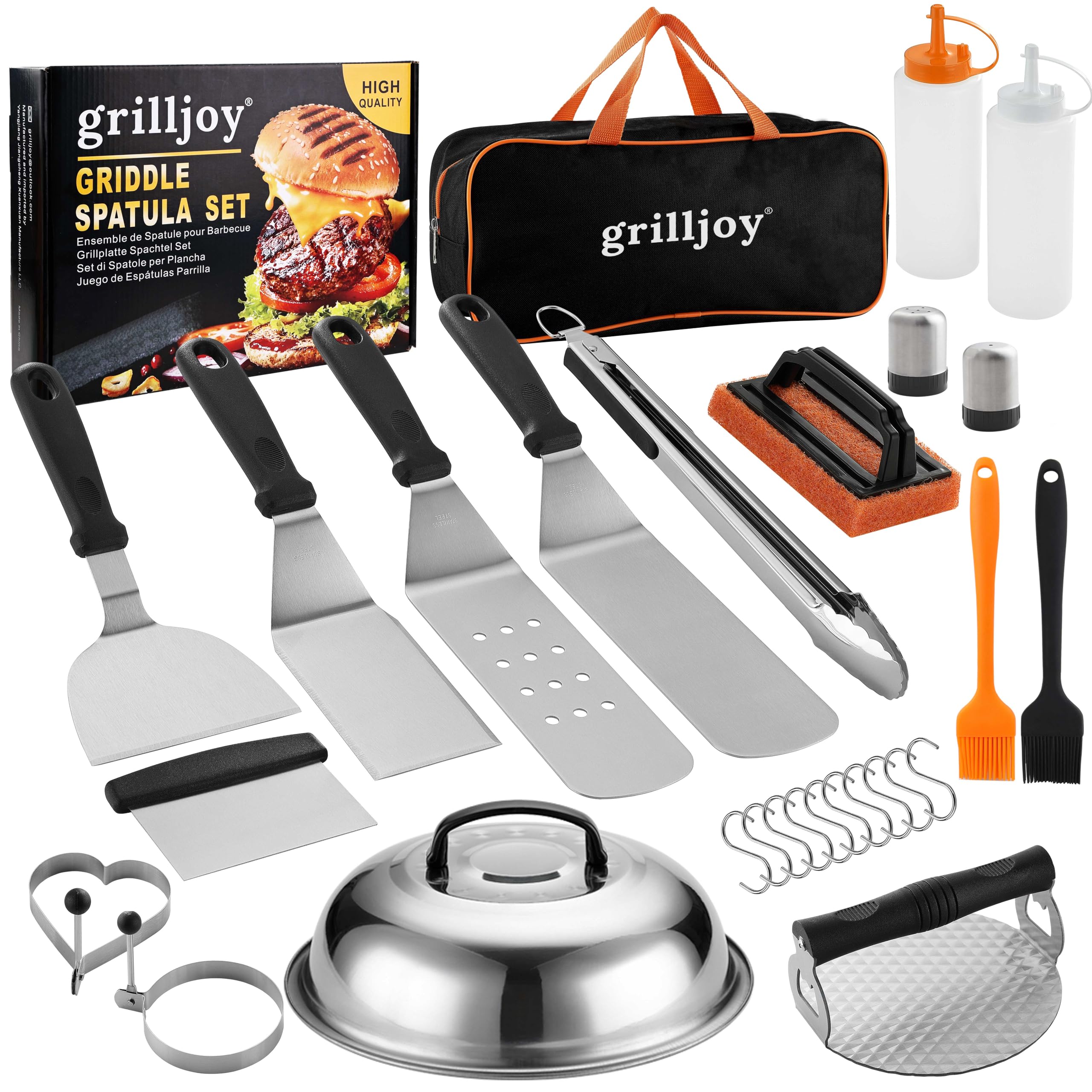 grilljoy Professional Grillbesteck Set aus Edelstahl - Grillspatel Set mit Smash Burger Press