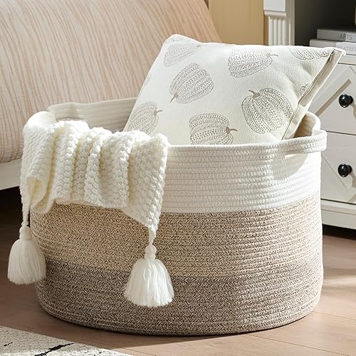 Miniatura 10 de Luxury Little Cesta de almacenamiento extragrande para guardería, 22 x 22 x 14 pulgadas, cesta de cuerda de algodón 100% con asas, cesta de