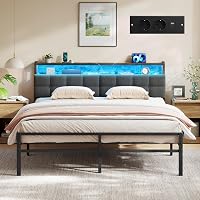 VASAGLE Struttura Letto Matrimoniale in Acciaio, con Luci LED e Prese