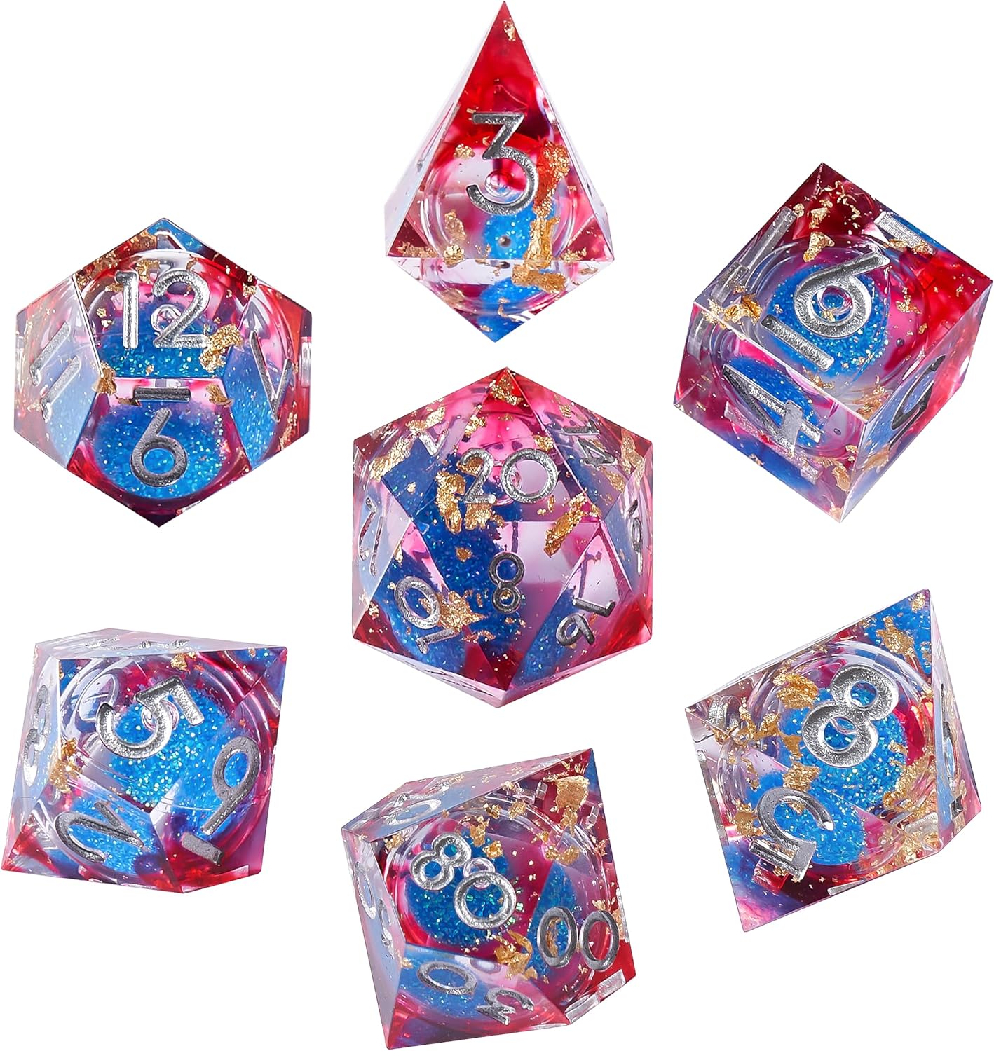 Liquid Core DND Dice Set, 7pcs Sharp Edge Dice for Role Playing Dungeons and Dragons Ttrpg with Gift Box, Handmade Resin D&D Dice RPG Role Playing Games Dice Set(Red Gold)