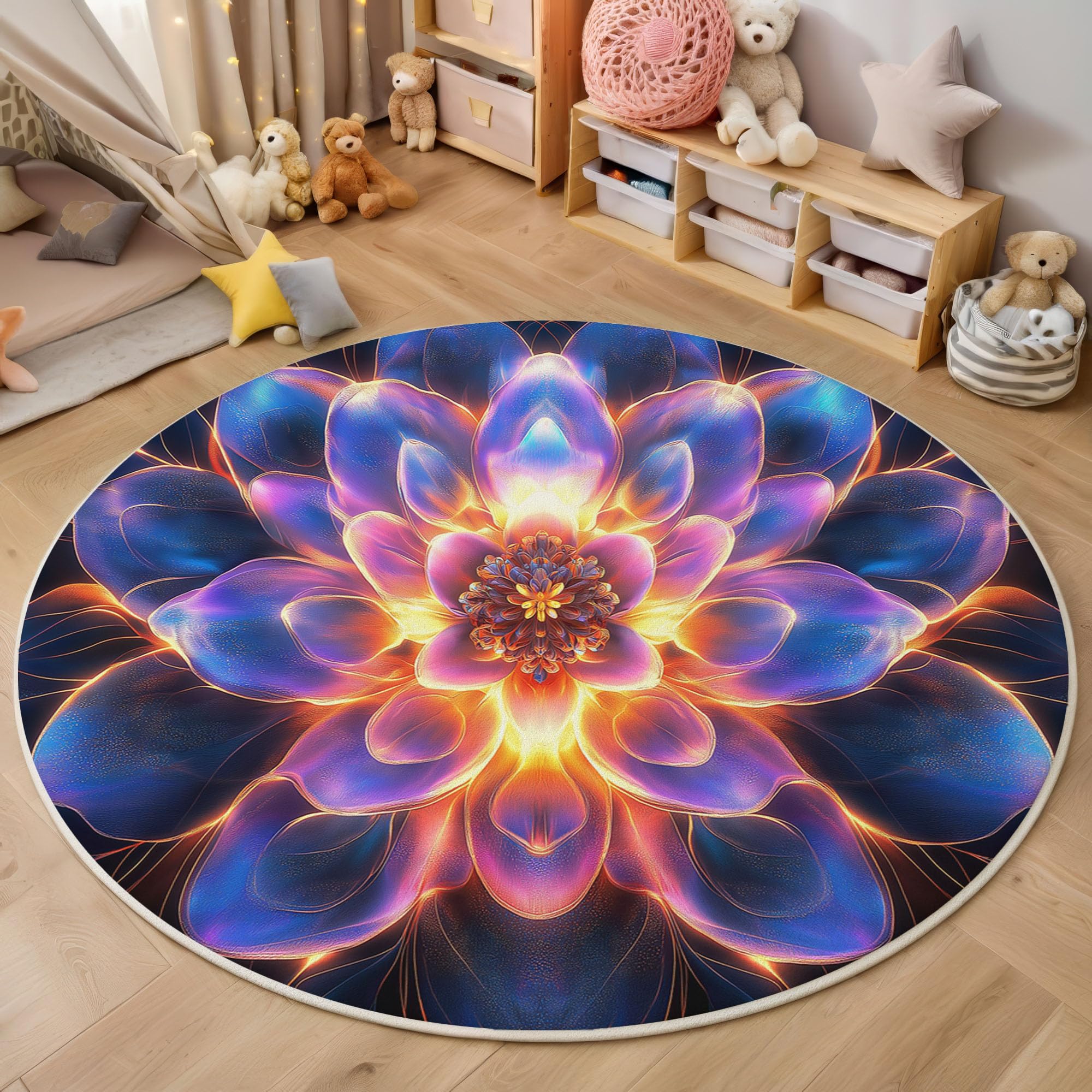 Tapis Rond 100cm, Microfibre Douce Tapis Circulaire Fantastique Art, Moquette Salon Chambre, Imprimés Brillant Mandala Antidérapant Lavable Moquette de Décoration, Bleu Violet