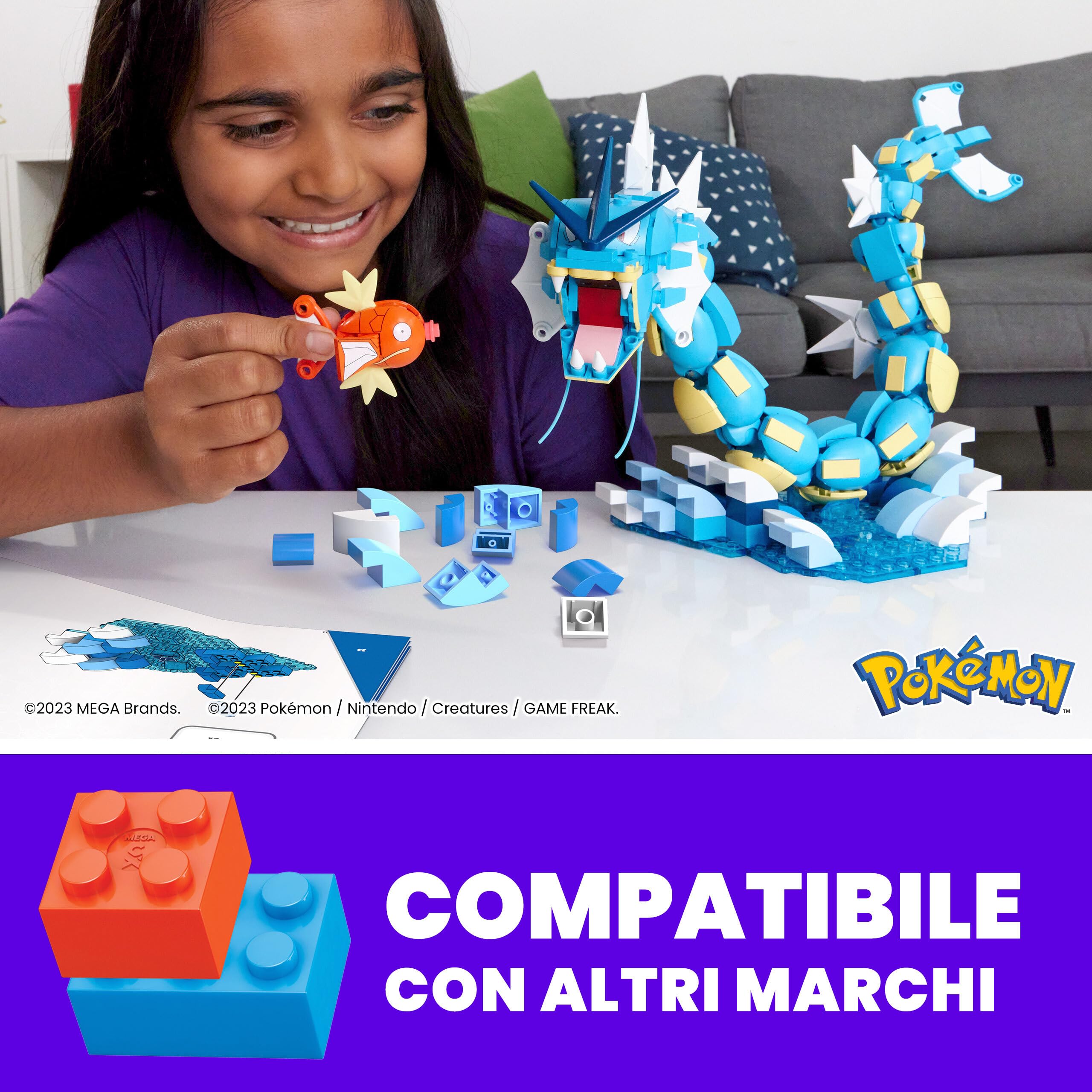 MEGA Pokémon - Set Evoluzione Magikarp, set da costruire con 411 pezzi, con personaggi Magikarp e Gyarados snodato e con 12 punti di connessione, giocattolo per bambini, 8+ anni, HNT95