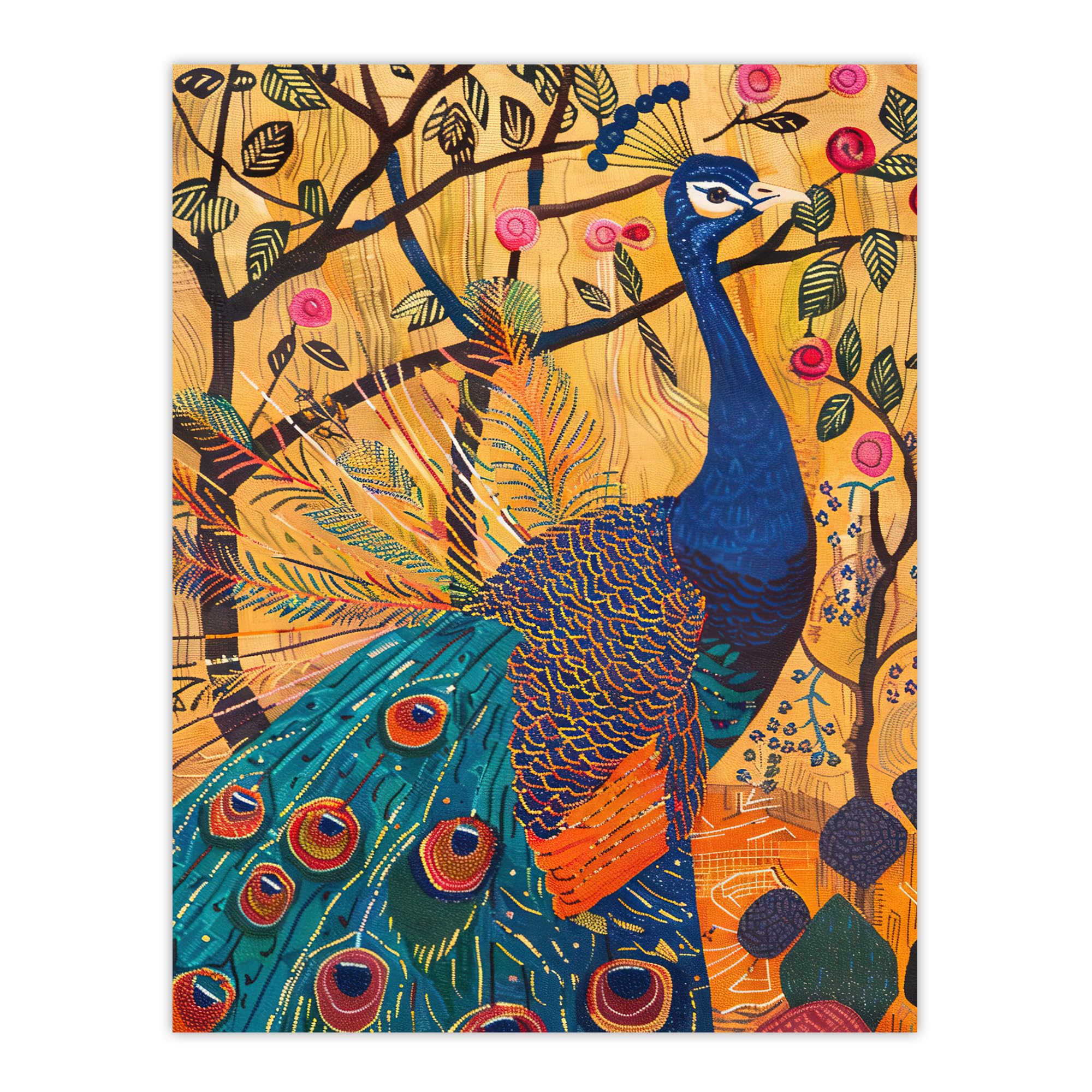 Artery8 Exotic Peacock in Tree with Roses Artwork Living Room Large Wall Art Poster Print Thick Paper 18X24 Inch
